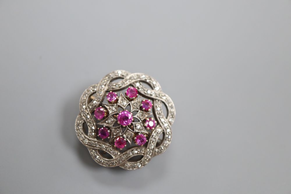 A Victorian/Edwardian ruby and diamond brooch with later pendant fitting